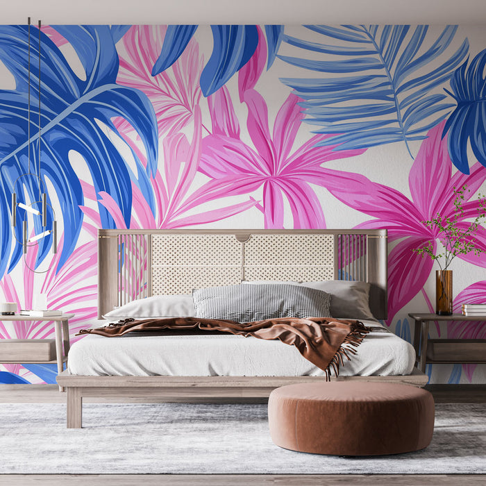 Papier peint feuillage tropical | Feuilles bleues et roses sur fond blanc