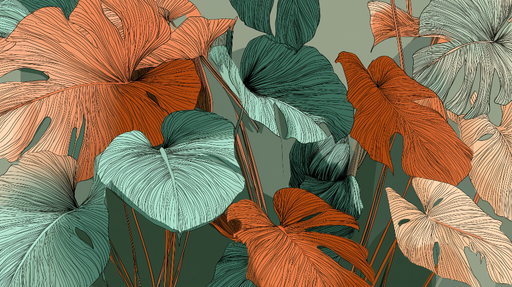 Papier peint feuillage tropical Feuilles colorées dans des teintes terreuses et aquatiques