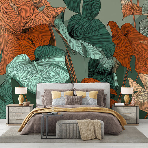 Une chambre élégante avec un papier peint tropical aux grandes feuilles vertes et orange sur fond gris, créant une atmosphère chaleureuse et apaisante.