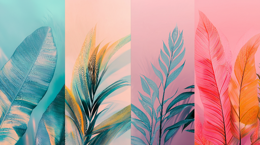 Papier peint feuillage tropical Feuilles colorées stylisées sur fond dégradé