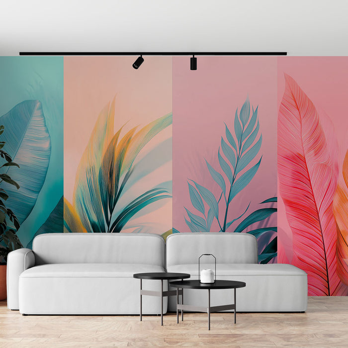 Un salon moderne avec un papier peint tropical aux teintes pastel, illustrant de grandes feuilles exotiques dans des nuances de rose, bleu et vert.