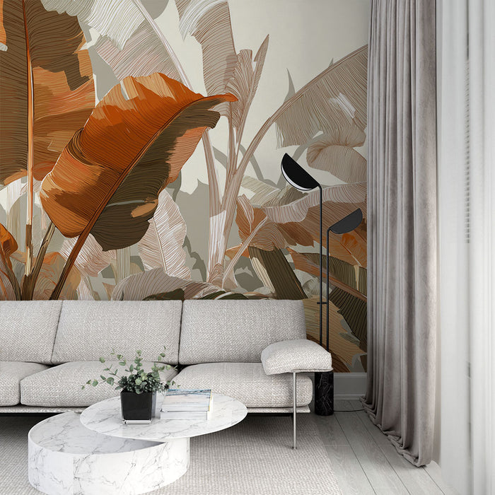 Papier peint feuillage tropical | Feuilles de bananier aux teintes chaudes et esquisses délicates