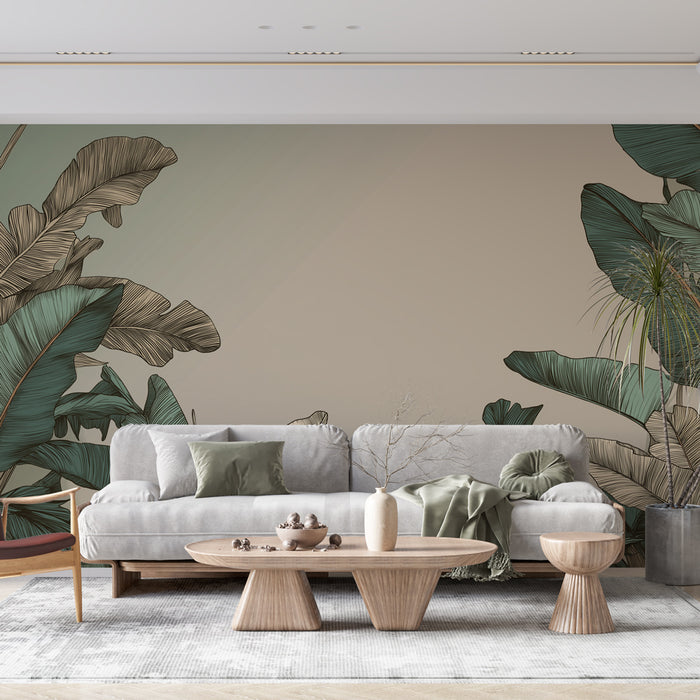 Un salon moderne avec un papier peint tropical représentant de grandes feuilles stylisées sur un fond beige, créant une ambiance naturelle et apaisante.