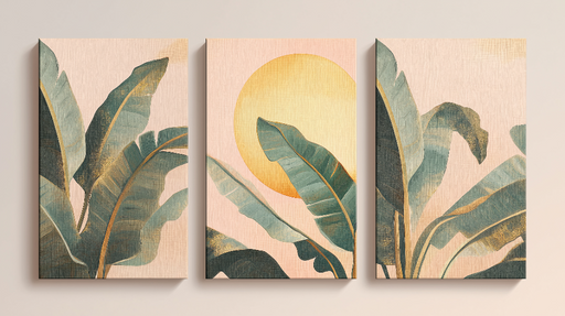 Papier peint feuillage tropical Feuilles de bananier et soleil doré sur fond pastel