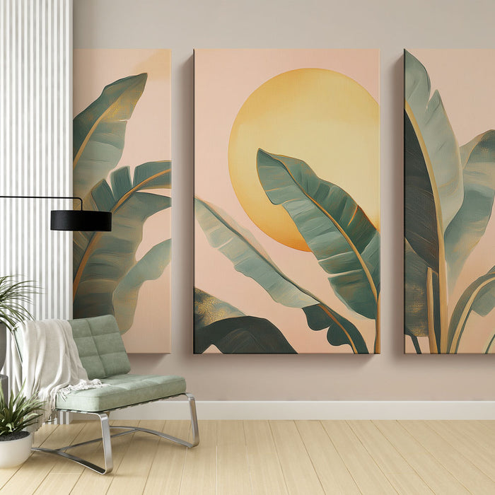 Papier peint feuillage tropical | Feuilles de bananier et soleil doré sur fond pastel