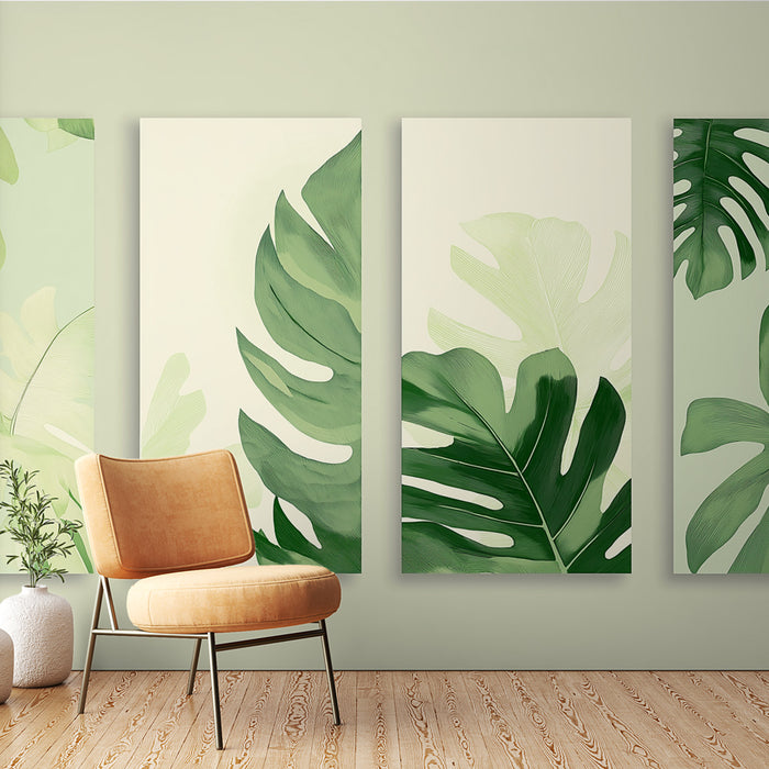 Une pièce moderne avec un papier peint tropical représentant de grandes feuilles vertes sur un fond clair, créant une ambiance fraîche et apaisante.