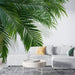 Une pièce moderne avec un papier peint tropical représentant de grandes feuilles vertes sur fond clair, créant une atmosphère fraîche et apaisante.