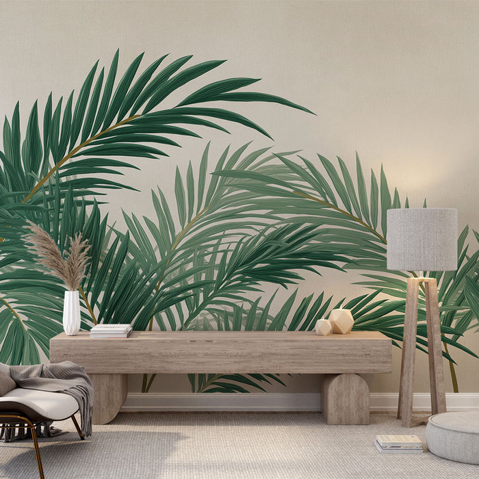 Une pièce moderne avec un papier peint tropical représentant de grandes feuilles vertes sur un fond beige, créant une atmosphère apaisante et naturelle.