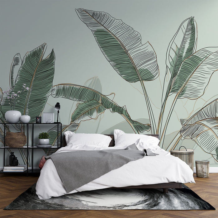 Une chambre moderne avec un papier peint représentant de grandes feuilles tropicales aux lignes délicates sur fond vert clair, créant une ambiance apaisante et naturelle.