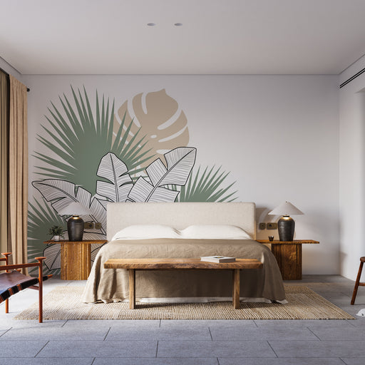 Une chambre moderne avec un papier peint tropical représentant de grandes feuilles stylisées vertes et beiges, créant une ambiance apaisante et naturelle.