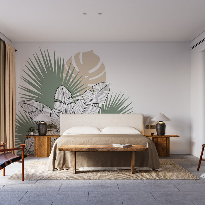Une chambre moderne avec un papier peint tropical représentant de grandes feuilles stylisées vertes et beiges, créant une ambiance apaisante et naturelle.