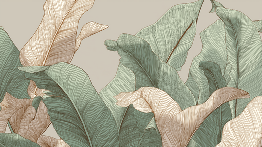 Papier peint feuillage tropical Feuilles détaillées en vert et doré sur fond beige
