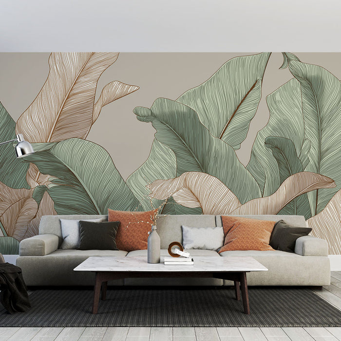 Papier peint feuillage tropical | Feuilles détaillées en vert et doré sur fond beige