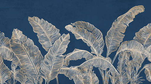 Papier peint feuillage tropical Feuilles dorées sur fond bleu foncé