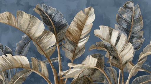 Papier peint feuillage tropical Feuilles dorées sur fond bleu profond