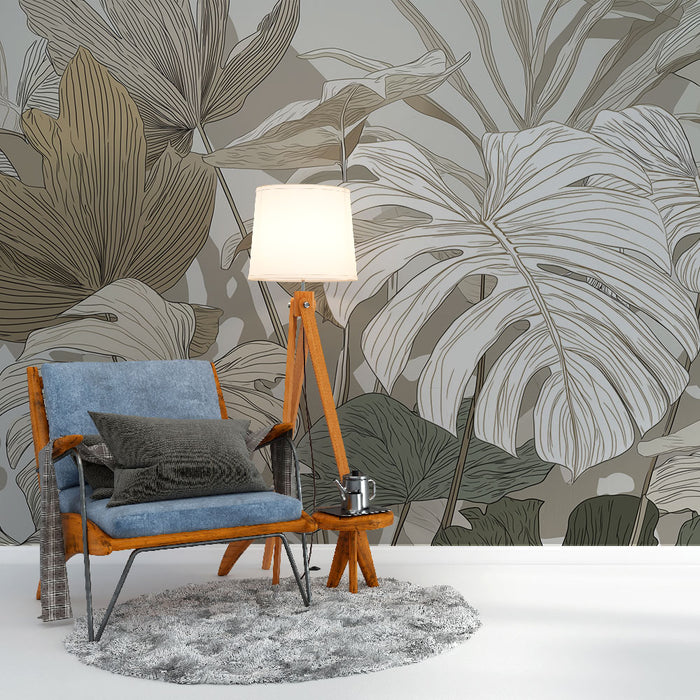 Papier peint feuillage tropical | Feuilles en nuances de beige et vert