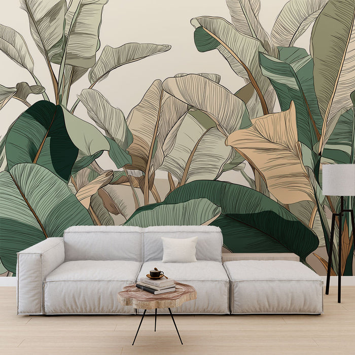 Papier peint feuillage tropical | Feuilles exotiques aux nuances douces et pastel