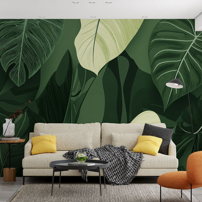 Un salon moderne avec un papier peint tropical vert foncé illustrant de grandes feuilles exotiques sur un fond riche, créant une ambiance apaisante et naturelle.