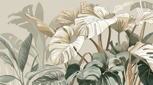 Papier peint feuillage tropical Feuilles luxuriantes aux nuances douces