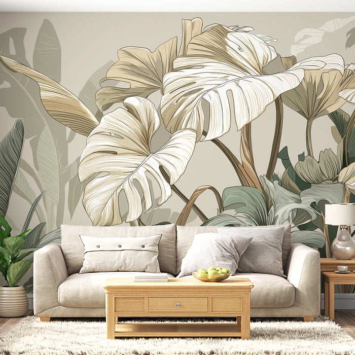 Un salon lumineux avec un papier peint tropical aux grandes feuilles stylisées dans des teintes beige et verte, créant une atmosphère apaisante et naturelle.