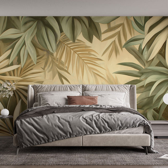 Une chambre élégante avec un papier peint tropical aux grandes feuilles vertes et dorées, créant une atmosphère apaisante et naturelle.