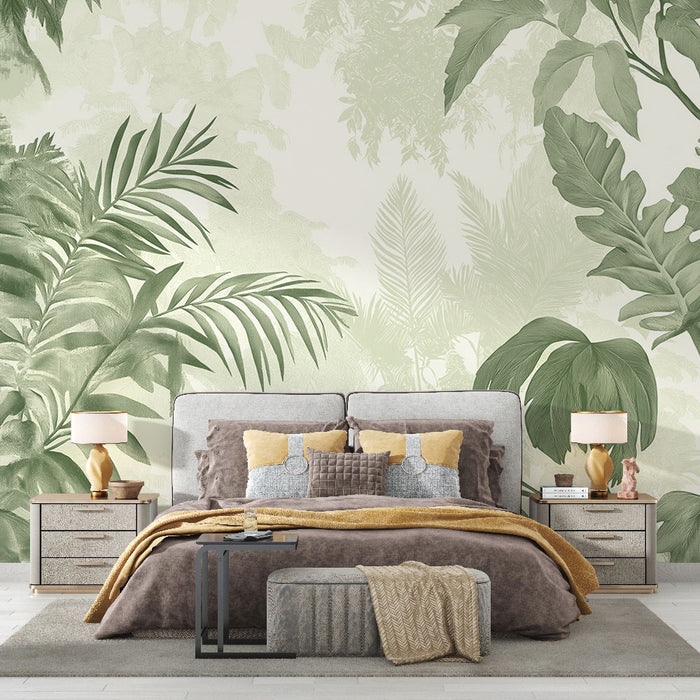 Papier peint feuillage tropical | Feuilles luxuriantes dans des tons verts apaisants