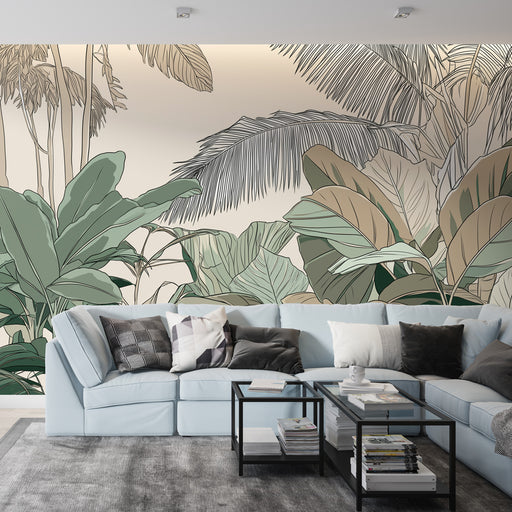 Un salon moderne avec un papier peint tropical aux motifs de grandes feuilles exotiques dans des teintes vertes et beiges, créant une ambiance apaisante et naturelle.