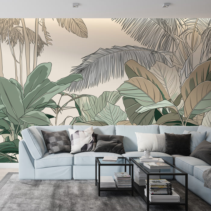 Un salon moderne avec un papier peint tropical aux motifs de grandes feuilles exotiques dans des teintes vertes et beiges, créant une ambiance apaisante et naturelle.