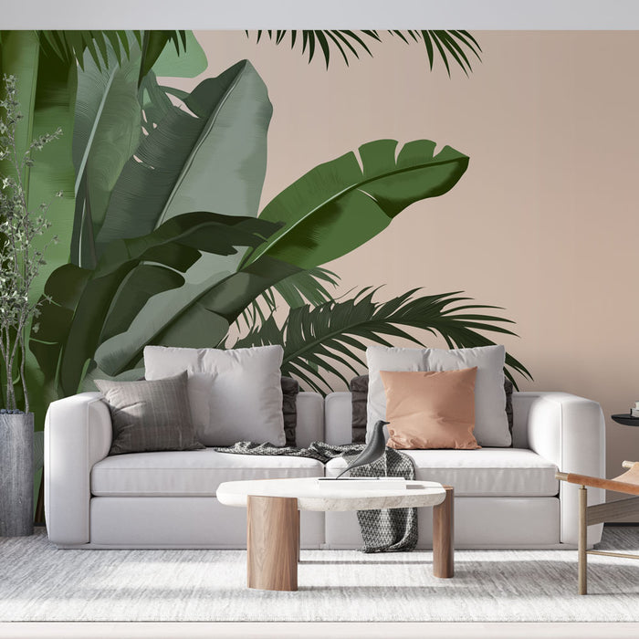 Papier peint feuillage tropical | Feuilles luxuriantes sur fond pastel