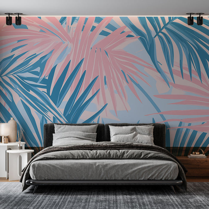 Papier peint feuillage tropical | Feuilles rose et bleu sur fond clair