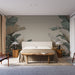 Une chambre moderne avec un papier peint tropical représentant de grandes feuilles de bananier aux contours délicats, créant une ambiance apaisante et naturelle.