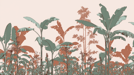 Papier peint feuillage tropical Feuilles stylisées en teintes vertes et ocres sur fond clair