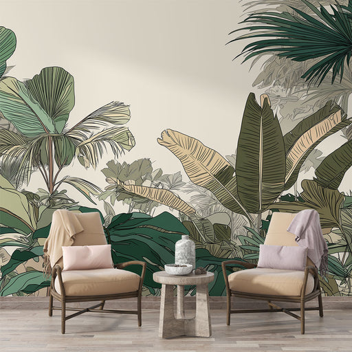 Une salle de séjour avec un papier peint tropical représentant des feuillages luxuriants dans des teintes de vert et beige, créant une ambiance apaisante et naturelle.