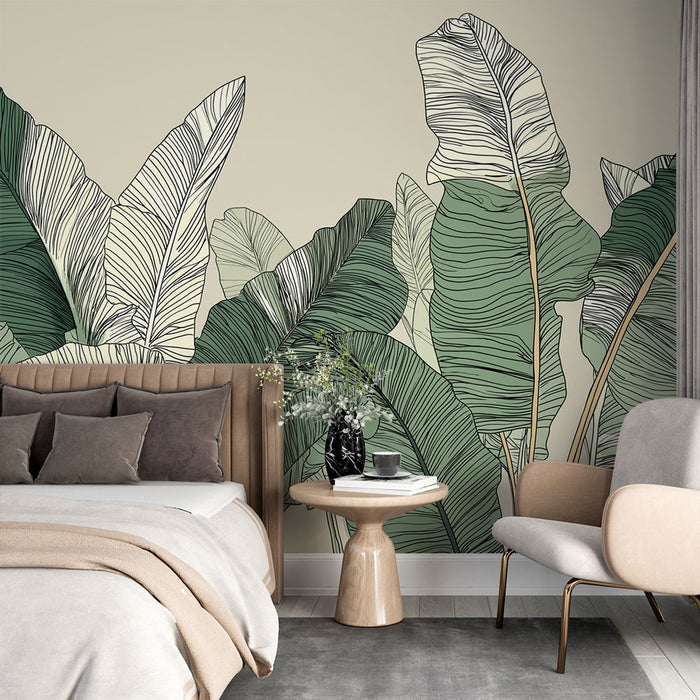 Une chambre élégante avec un papier peint tropical aux grandes feuilles vertes et blanches, créant une atmosphère apaisante et naturelle.