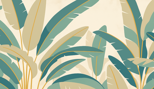 Papier peint feuillage tropical Feuilles vertes et dorées sur fond neutre