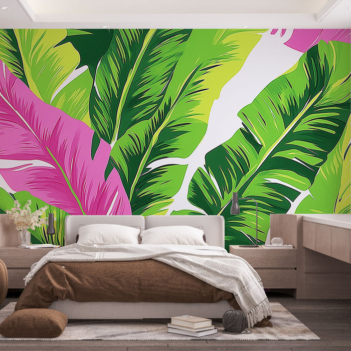 Papier peint feuillage tropical | Feuilles vertes et roses vibrantes