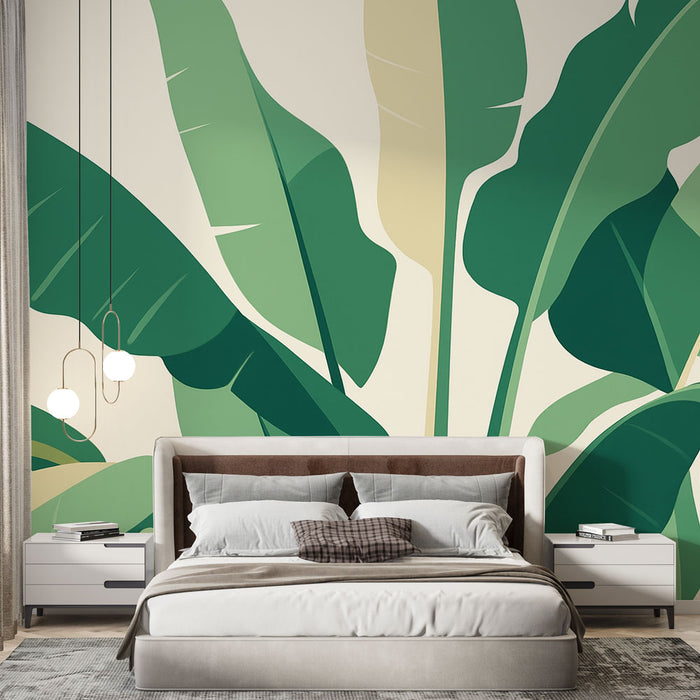 Une chambre moderne avec un papier peint tropical représentant de grandes feuilles vertes sur fond clair, créant une atmosphère apaisante et naturelle.