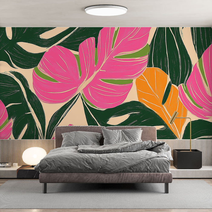 Papier peint feuillage tropical | Grandes feuilles roses et fond clair