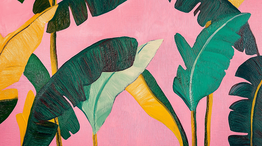 Papier peint feuillage tropical Grandes feuilles stylisées sur fond rose