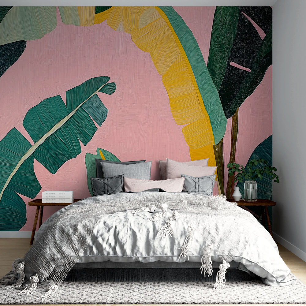 Papier peint feuillage tropical | Grandes feuilles vertes et fond rose ...