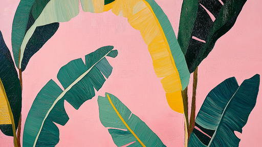 Papier peint feuillage tropical Grandes feuilles vertes et fond rose