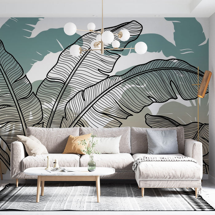 Un salon moderne avec un papier peint tropical représentant de grandes feuilles stylisées en noir sur un fond dégradé vert et beige, créant une ambiance relaxante et accueillante.