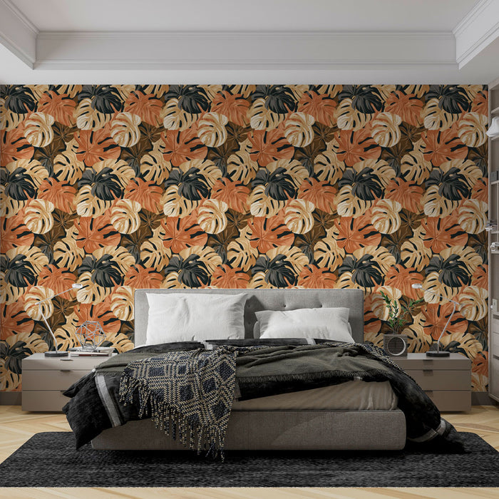 Une chambre moderne avec un papier peint tropical aux motifs de grandes feuilles dans des teintes chaudes d'orange et de noir, créant une ambiance chaleureuse et accueillante.