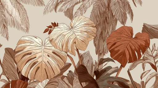 Papier peint feuillage tropical Monstera et palmiers dans des teintes neutres
