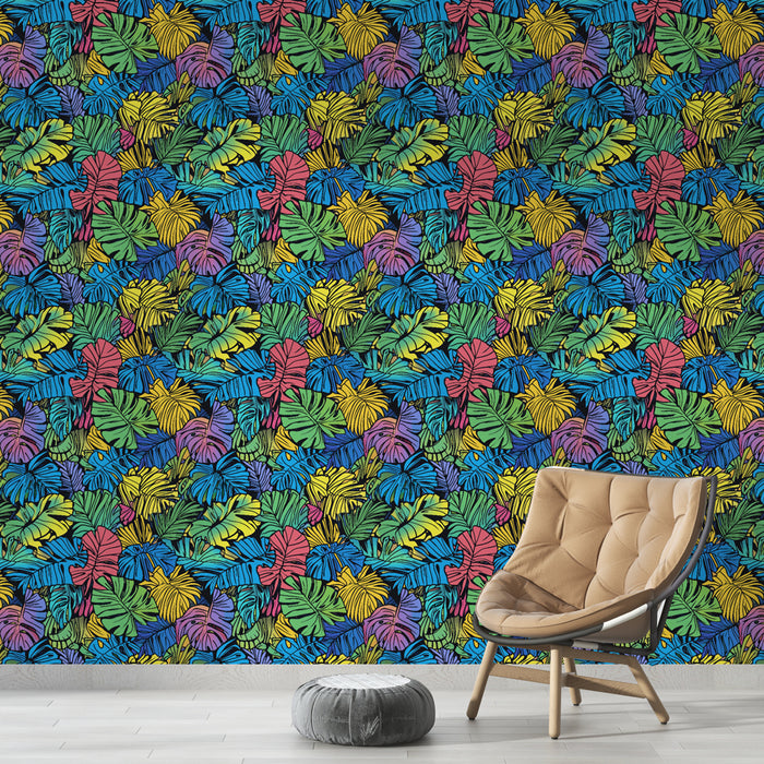 Une pièce moderne avec un papier peint tropical coloré représentant des feuilles exotiques aux teintes vives sur fond bleu, créant une ambiance dynamique et vivante.
