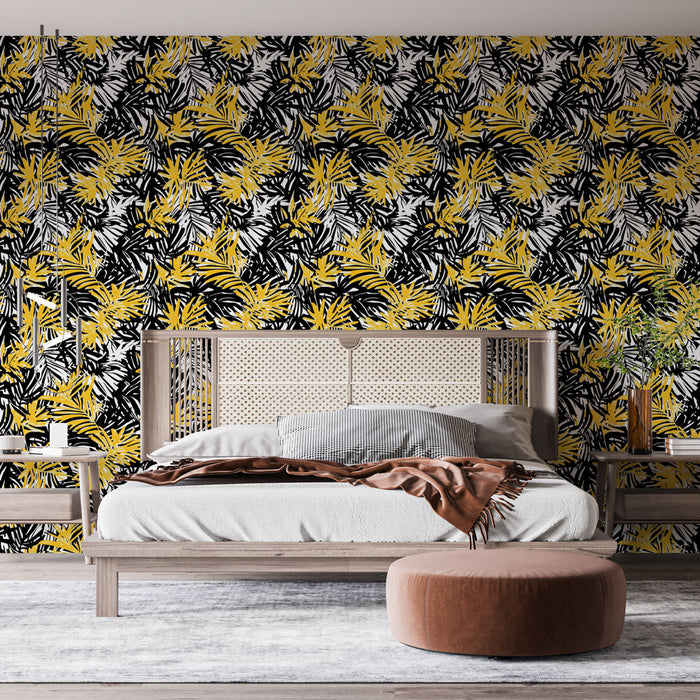 Une chambre moderne avec un papier peint tropical noir, jaune et blanc, présentant des motifs de feuillage luxuriant qui apporte une ambiance dynamique et ensoleillée.