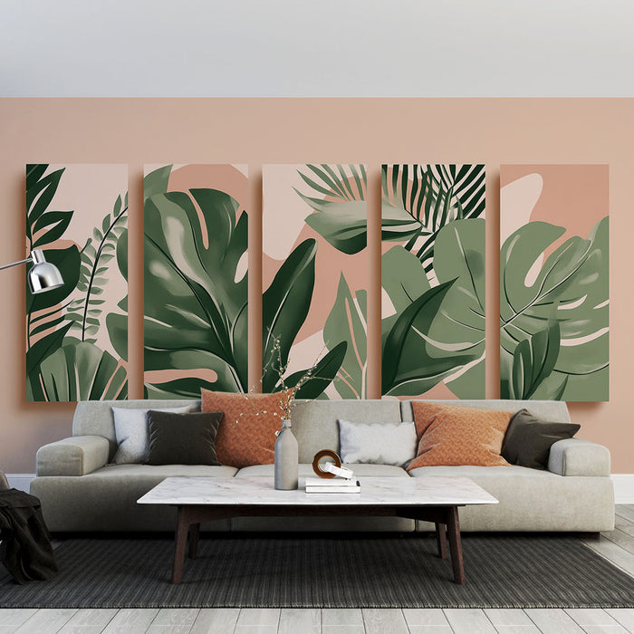 Un salon moderne avec un papier peint tropical représentant de grandes feuilles vertes sur un fond rose, créant une ambiance fraîche et accueillante.