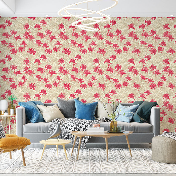 Un salon moderne avec un papier peint tropical aux motifs floraux en rose vif et beige, créant une atmosphère vivante et chaleureuse.