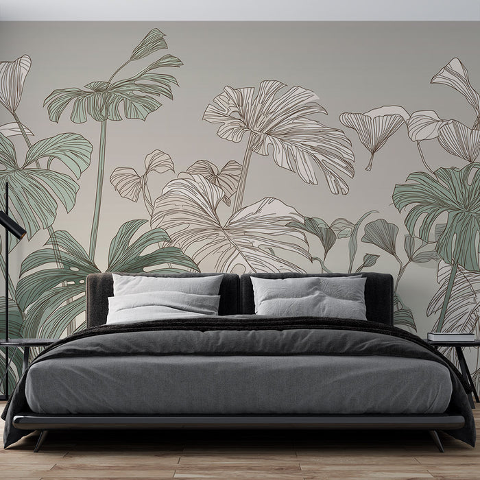 Papier peint feuillage tropical | Motifs botaniques délicats aux teintes douces