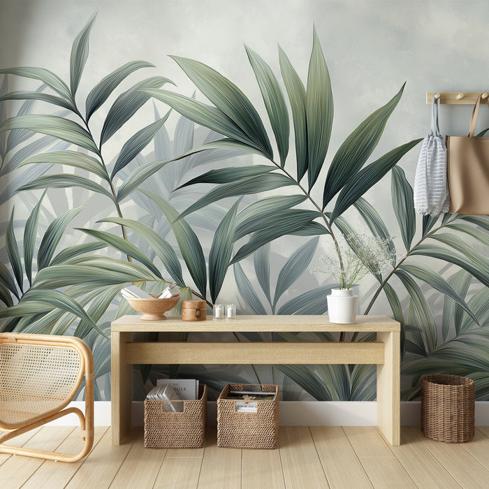 Une entrée lumineuse avec un papier peint tropical aux grandes feuilles vertes et grises créant une atmosphère apaisante et naturelle.